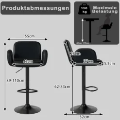 2er Set Drehbarer Barhocker mit Verstellbarer Höhe & Gepolstertem Sitz Barstuhl Küchenstuhl Schwarz