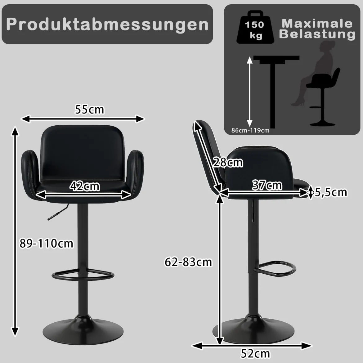 2er Set Drehbarer Barhocker mit Verstellbarer Höhe & Gepolstertem Sitz Barstuhl Küchenstuhl Schwarz