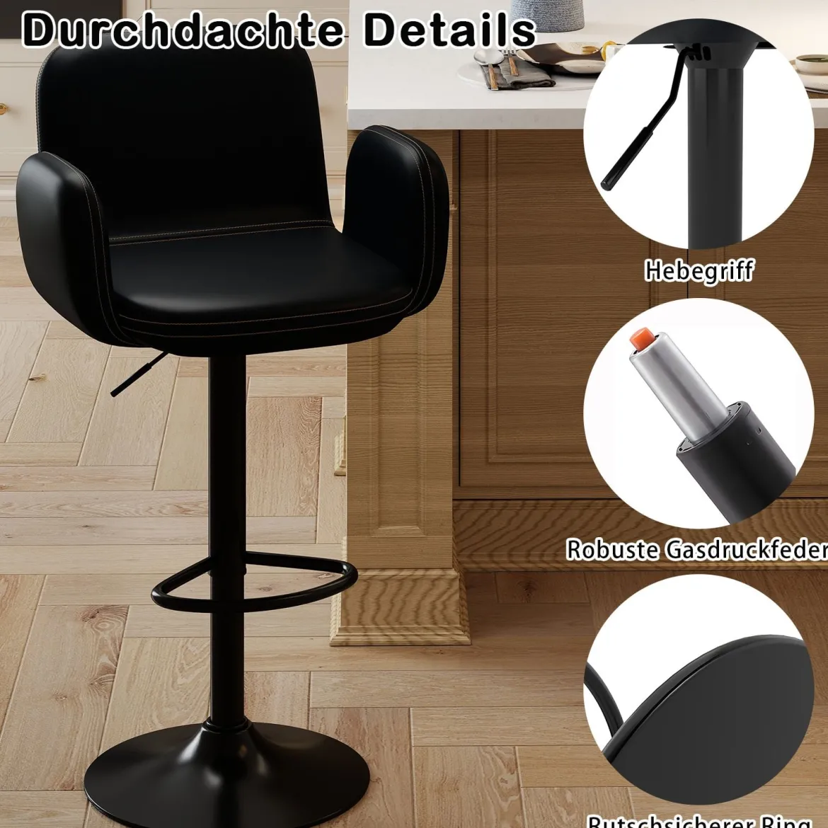 2er Set Drehbarer Barhocker mit Verstellbarer Höhe & Gepolstertem Sitz Barstuhl Küchenstuhl Schwarz