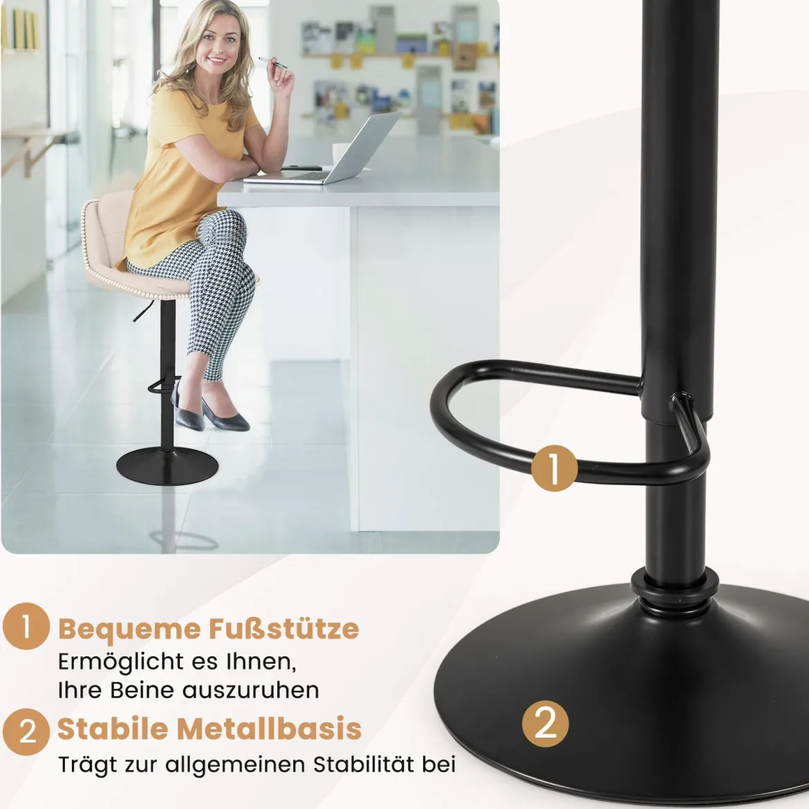 2er Set Drehbarer Barhocker mit Verstellbarer Höhe & Gepolstertem Sitz Barstuhl Küchenstuhl Beige