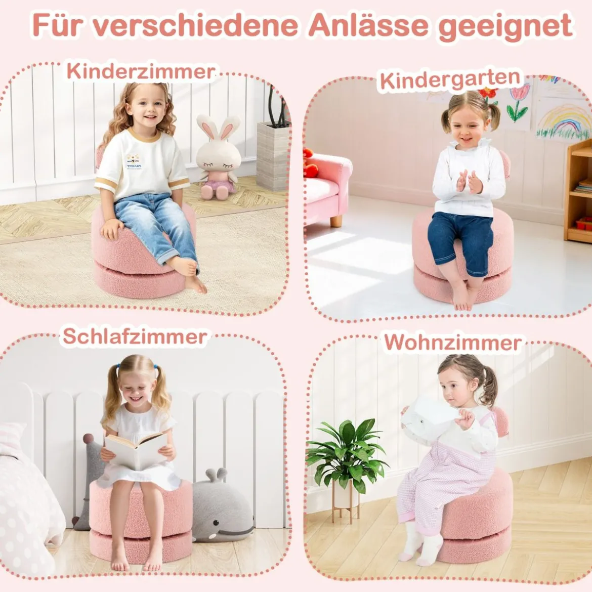 2er-Set Drehstühlen gepolsterte Kinderhocker mit Schleifenlehne Schaumstoffsitz & kratzfeste Fußpolster Kindersessel Rosa