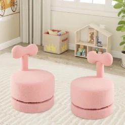 2er-Set Drehstühlen gepolsterte Kinderhocker mit Schleifenlehne Schaumstoffsitz & kratzfeste Fußpolster Kindersessel Rosa