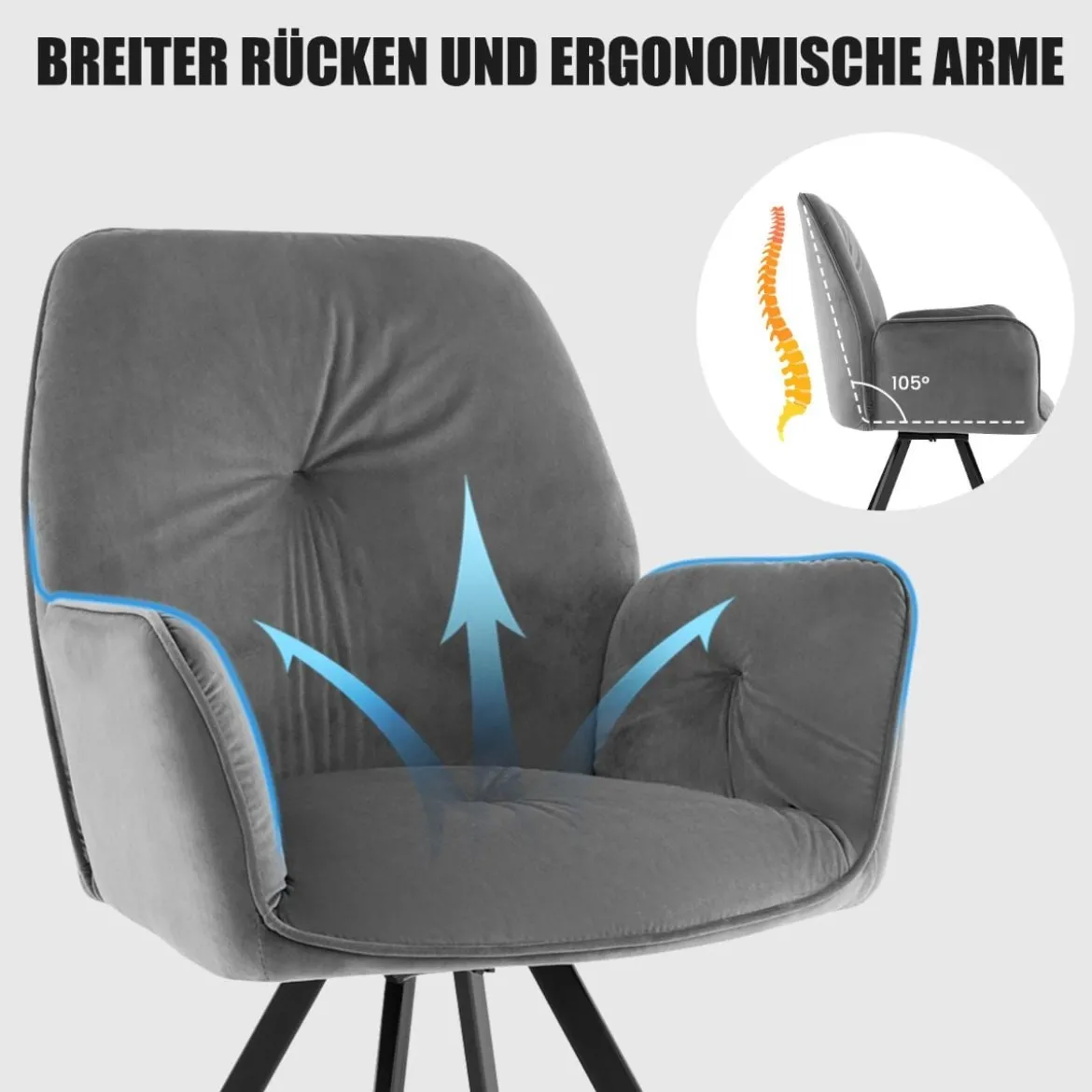 2er Set Drehstuhl aus Samt 360° drehbar Esszimmerstühle mit Metallbeinen Grau 63 x 59 x 87 cm