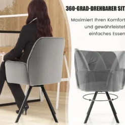 2er Set Drehstuhl aus Samt 360° drehbar Esszimmerstühle mit Metallbeinen Grau 63 x 59 x 87 cm
