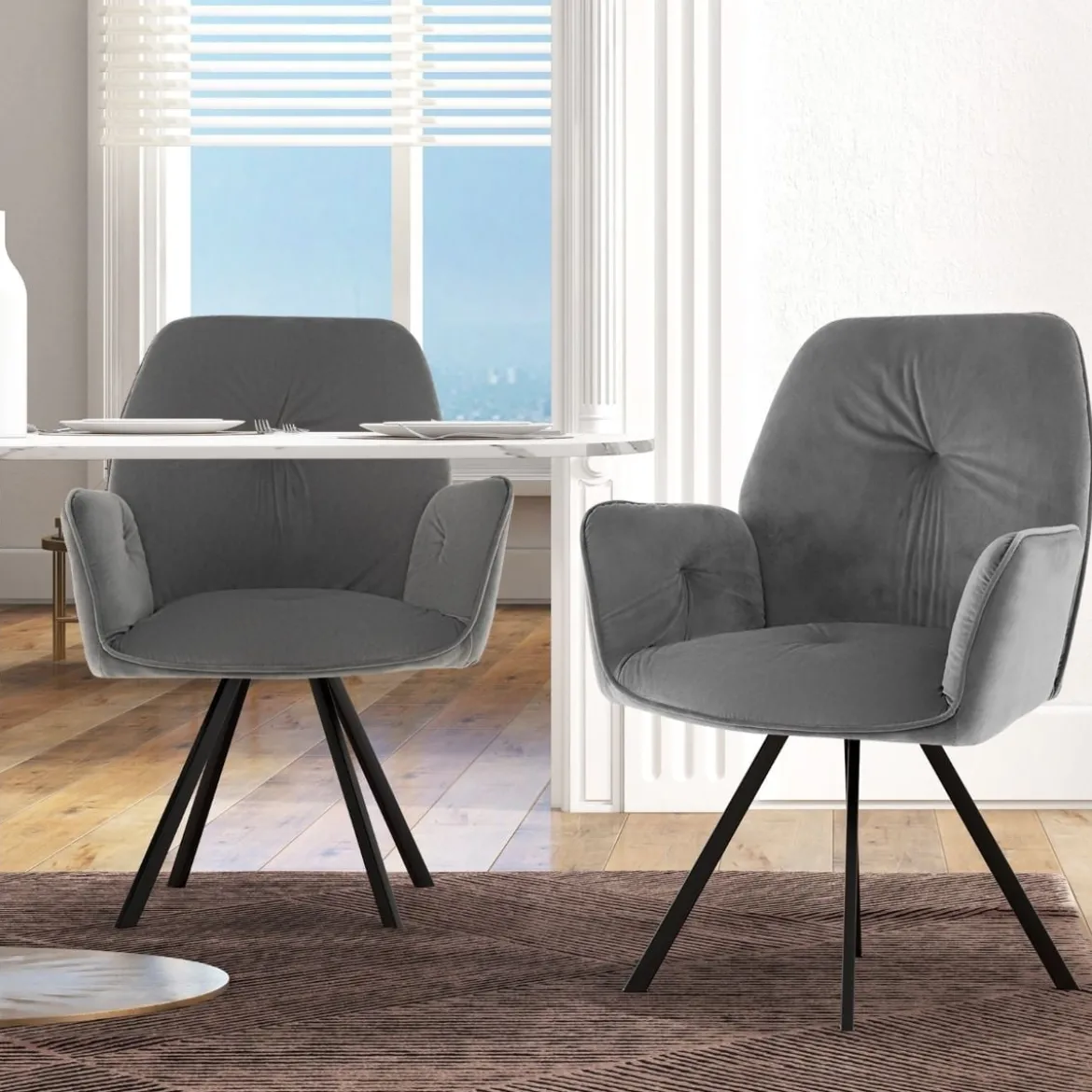 2er Set Drehstuhl aus Samt 360° drehbar Esszimmerstühle mit Metallbeinen Grau 63 x 59 x 87 cm
