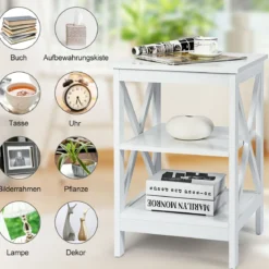 2er Set 3 Ebenen Nachttisch II-förmiger Beistelltisch Nachtschrank Sofatisch Weiß