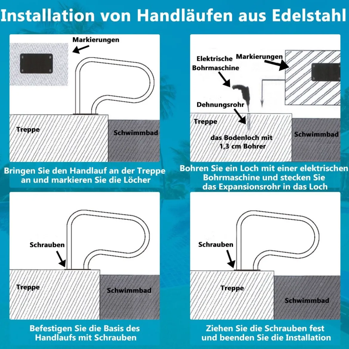2er Set Edelstahl 304 Pool-Handlauf Schwimmbad Leiter Handlauf Einstiegsleiter mit Bodenplatte