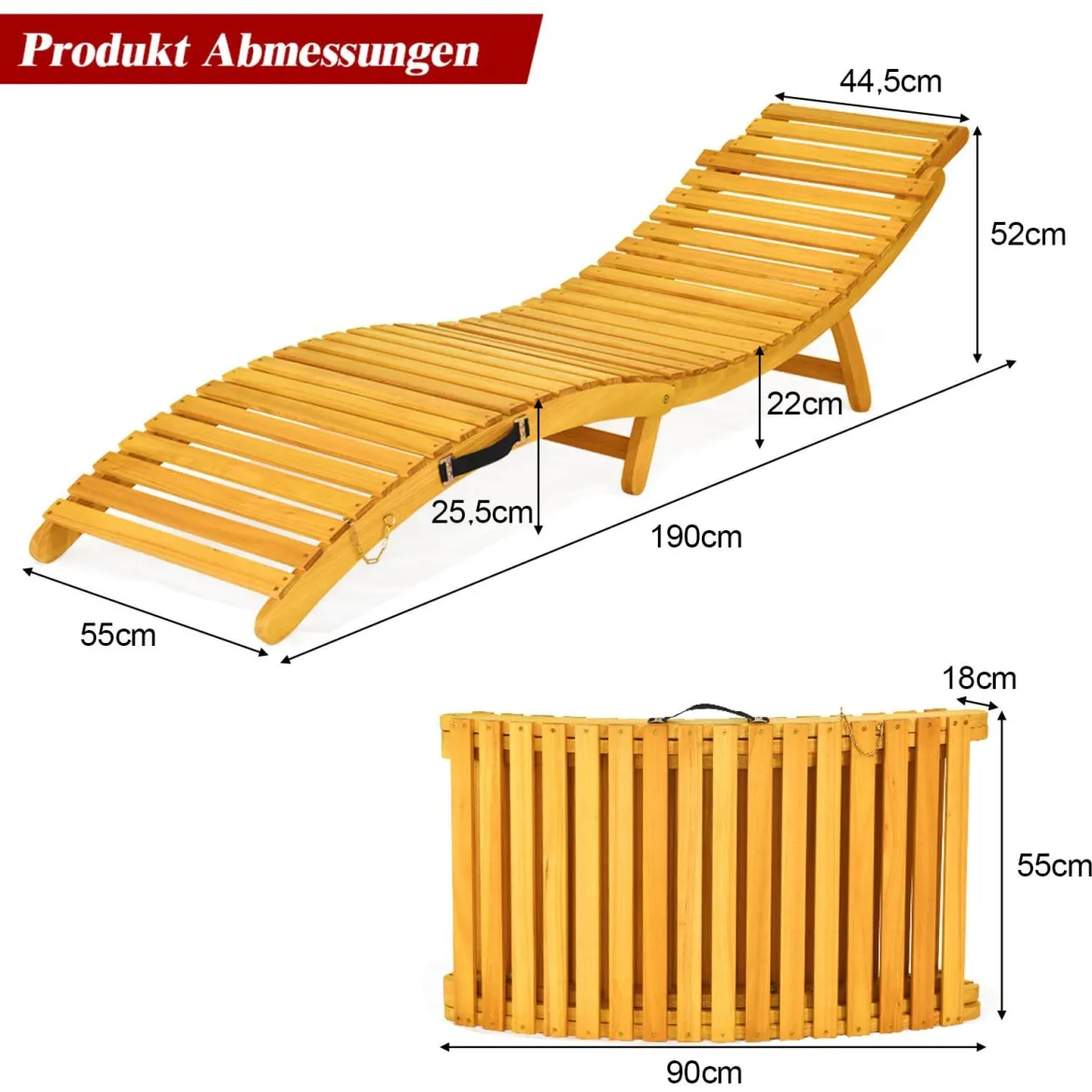 2er Set Ergonomische Holz Sonnenliege mit Auflage & Klappbarer Kopfstütze Gartenliege 190 x 55 x 52 cm