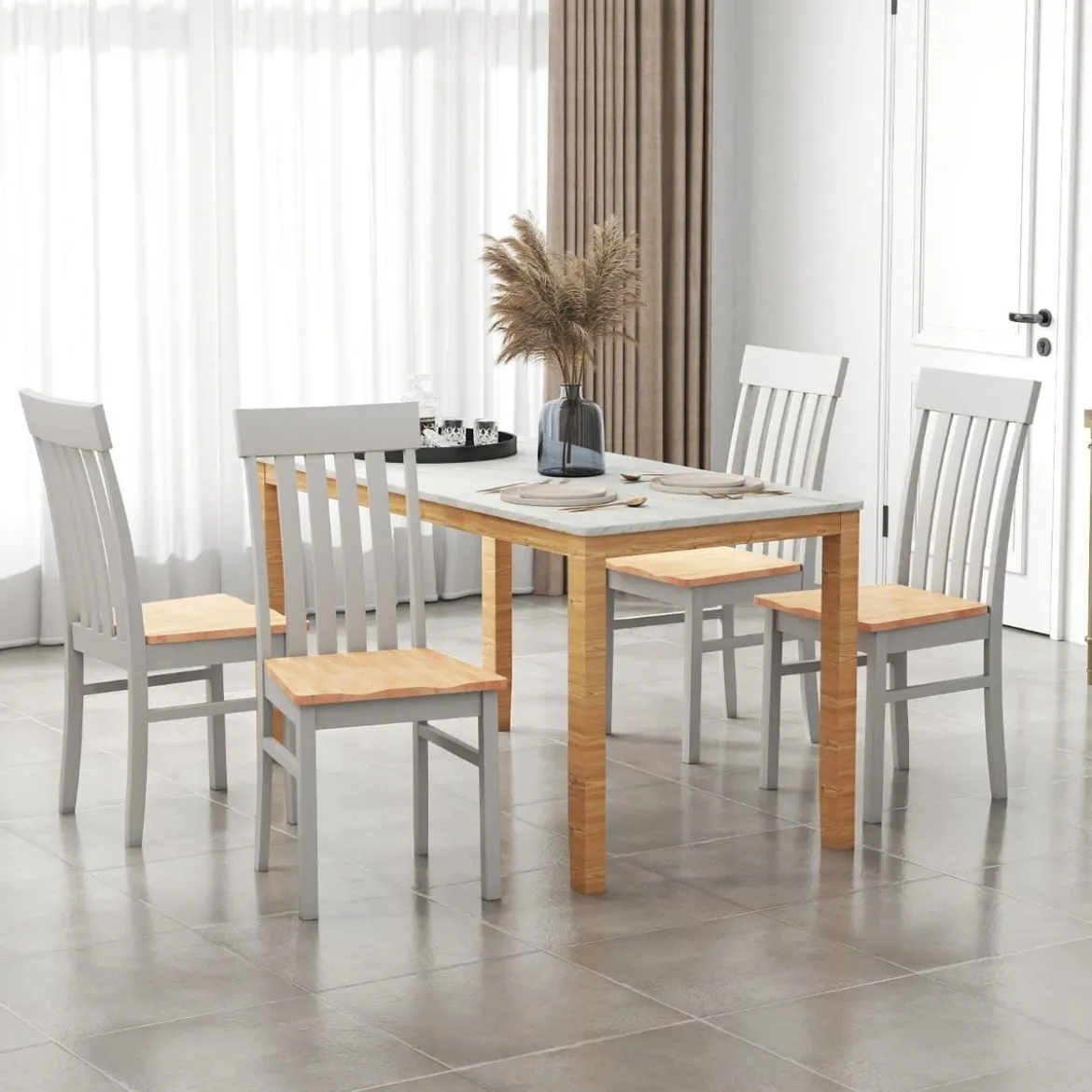 2er-Set Esszimmerstühle armlose Küchenstühle mit ergonomischer Rückenlehnen & vertieftem Sitz Weiß/Natur/Braun