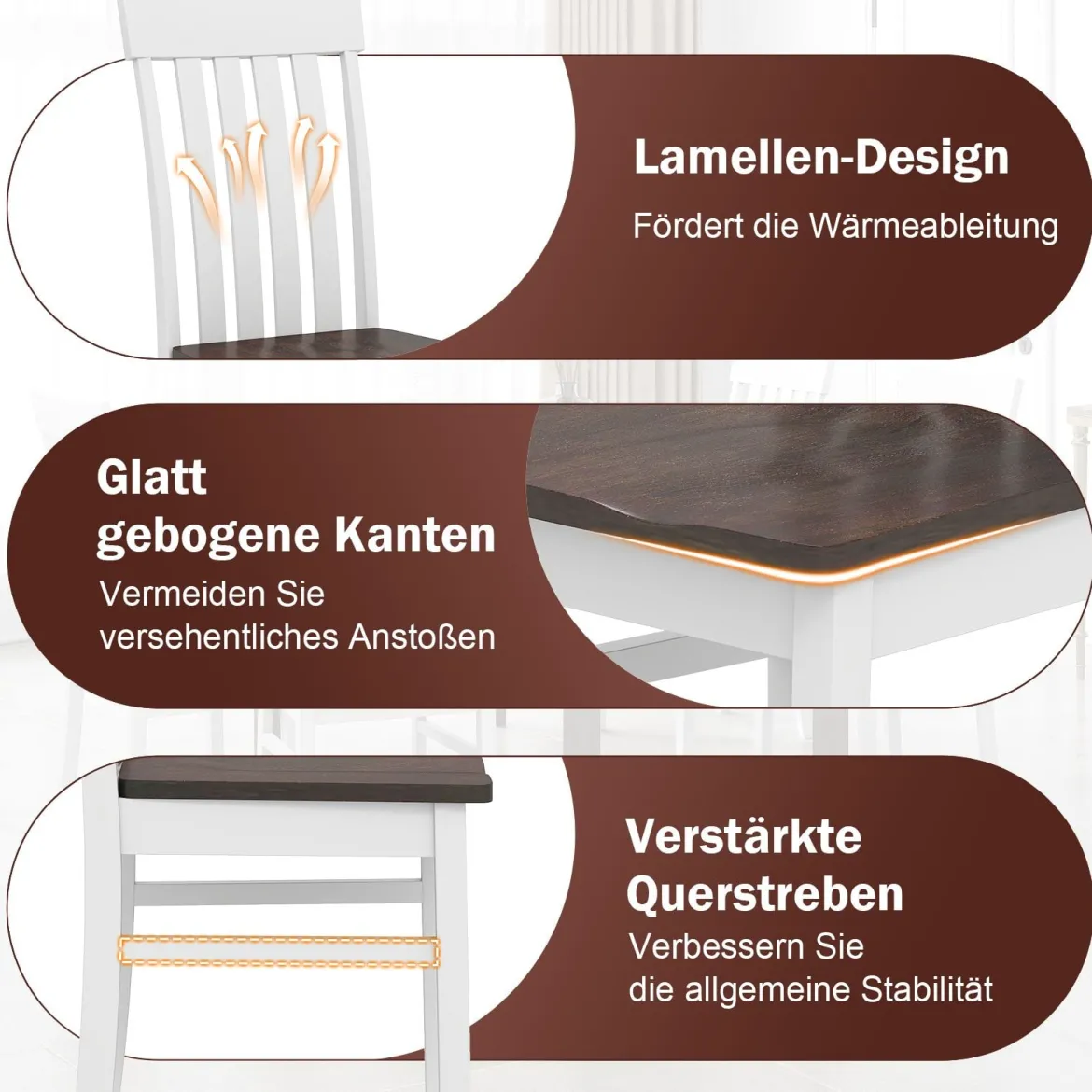 2er-Set Esszimmerstühle armlose Küchenstühle mit ergonomischer Rückenlehnen & vertieftem Sitz Weiß/Natur/Braun