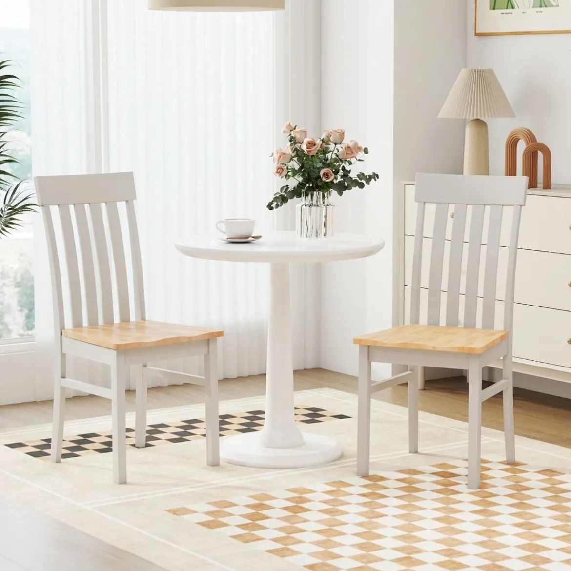 2er-Set Esszimmerstühle armlose Küchenstühle mit ergonomischer Rückenlehnen & vertieftem Sitz Weiß/Natur/Braun
