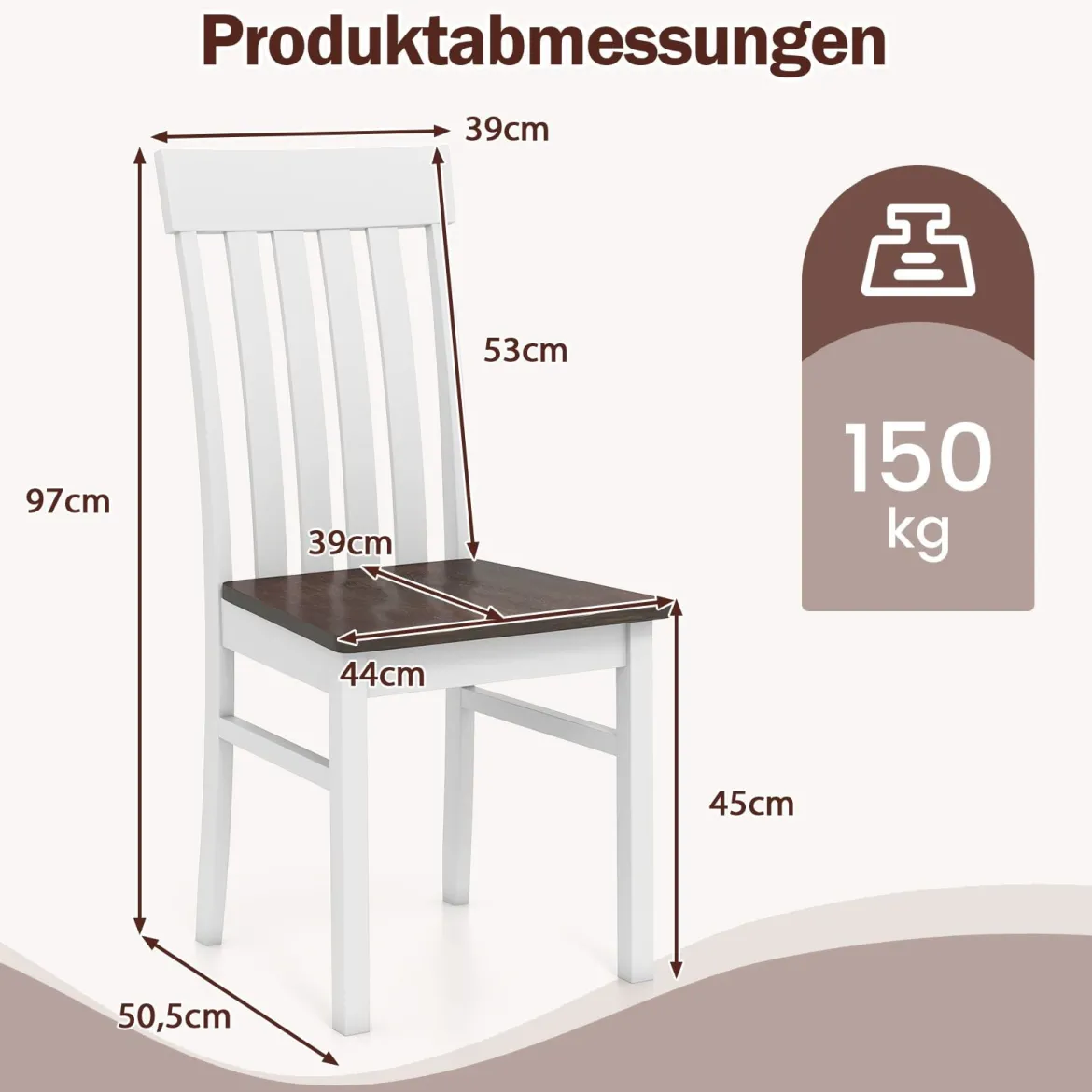 2er-Set Esszimmerstühle armlose Küchenstühle mit ergonomischer Rückenlehnen & vertieftem Sitz Weiß/Natur/Braun
