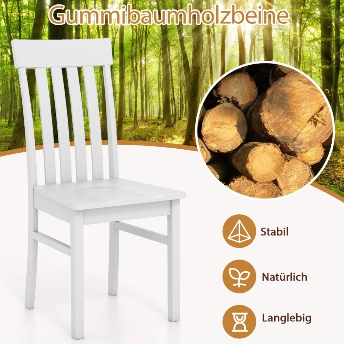2er-Set Esszimmerstühle armlose Küchenstühle mit ergonomischer Rückenlehnen & vertieftem Sitz Weiß/Natur/Braun