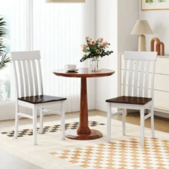 2er-Set Esszimmerstühle armlose Küchenstühle mit ergonomischer Rückenlehnen & vertieftem Sitz Weiß/Natur/Braun