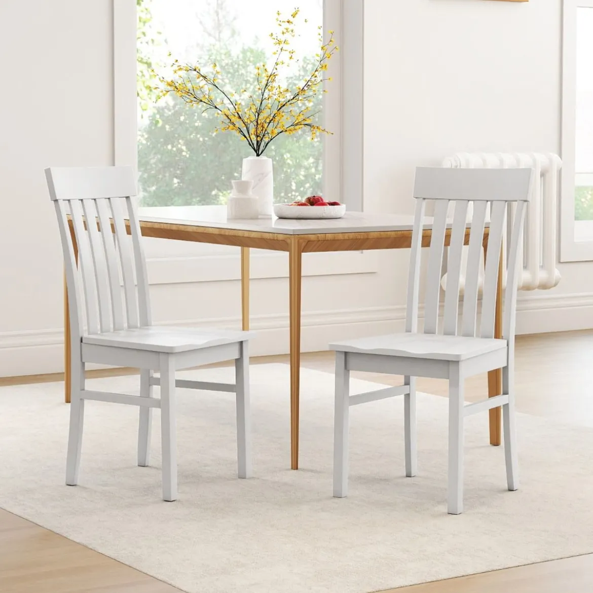 2er-Set Esszimmerstühle armlose Küchenstühle mit ergonomischer Rückenlehnen & vertieftem Sitz Weiß/Natur/Braun
