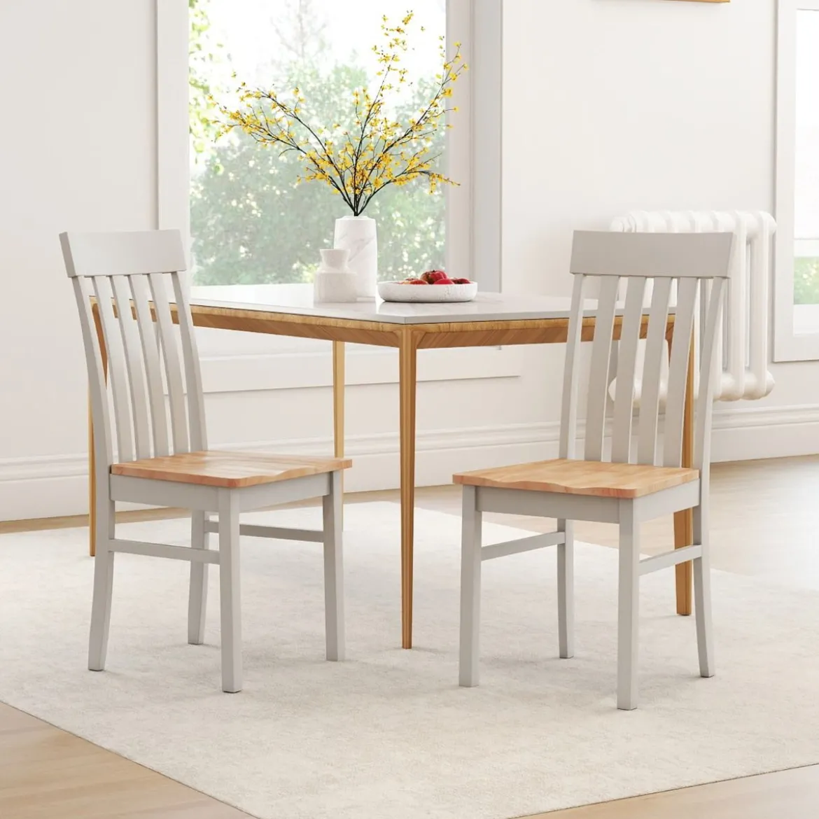 2er-Set Esszimmerstühle armlose Küchenstühle mit ergonomischer Rückenlehnen & vertieftem Sitz Weiß/Natur/Braun