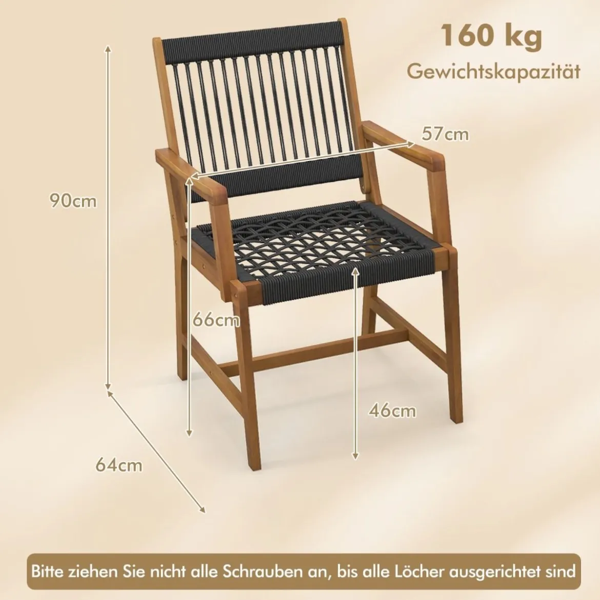 2er-Set Esszimmerstühle aus Akazienholz mit Armlehnen bis 160 kg belastbar