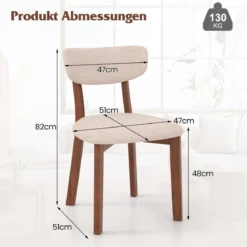 2er Set Esszimmerstühle gepolsterte Küchenstühle mit Rückenlehne Gummiholz Gestell & Sitzkissen 51 x 47 x 82 cm Braun