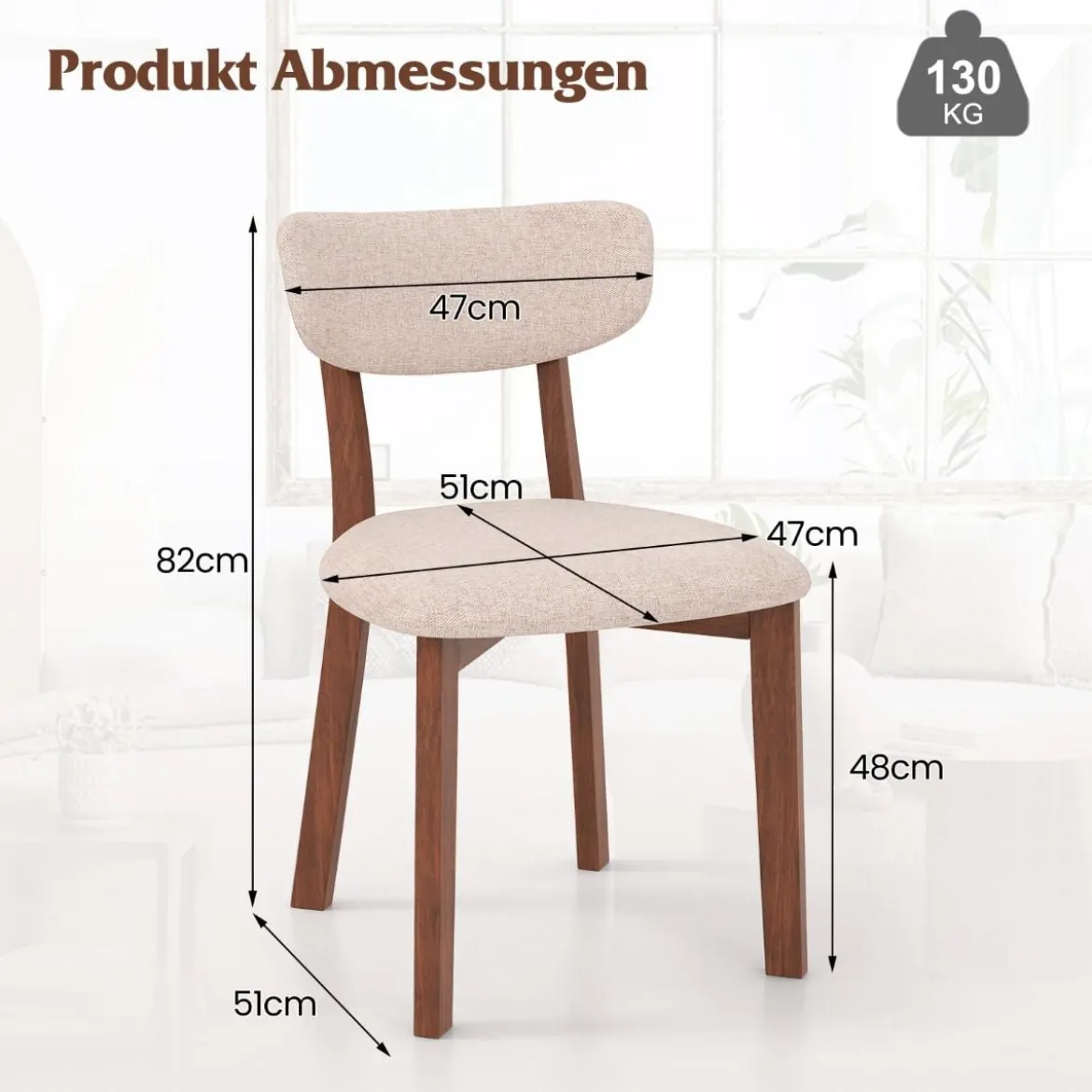 2er Set Esszimmerstühle gepolsterte Küchenstühle mit Rückenlehne Gummiholz Gestell & Sitzkissen 51 x 47 x 82 cm Braun