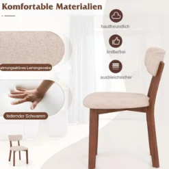 2er Set Esszimmerstühle gepolsterte Küchenstühle mit Rückenlehne Gummiholz Gestell & Sitzkissen 51 x 47 x 82 cm Braun