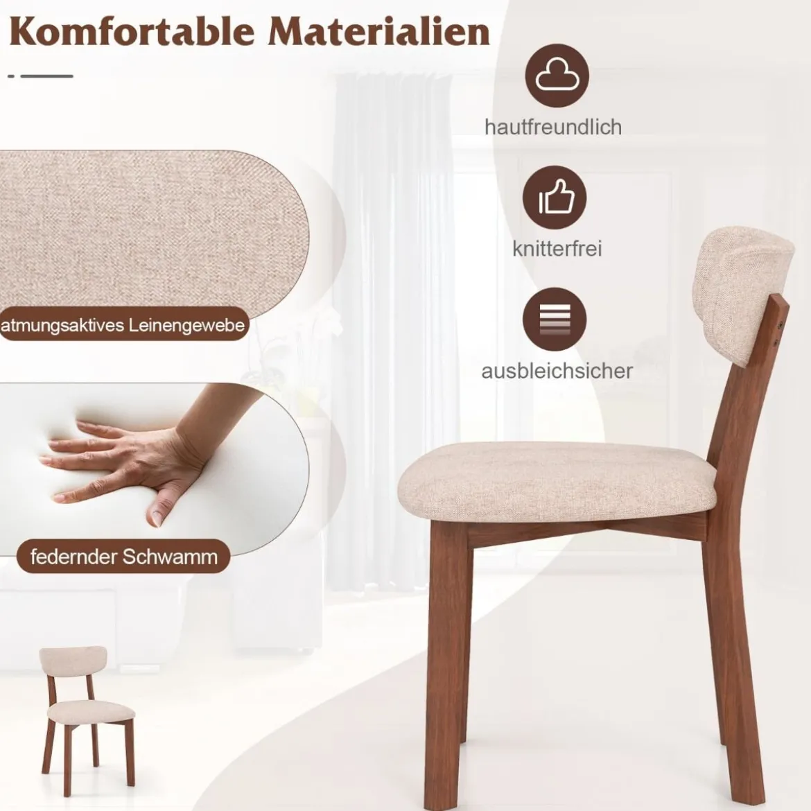 2er Set Esszimmerstühle gepolsterte Küchenstühle mit Rückenlehne Gummiholz Gestell & Sitzkissen 51 x 47 x 82 cm Braun