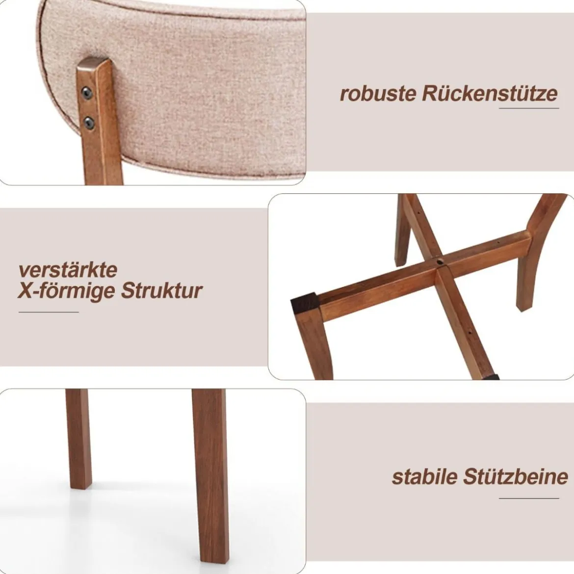 2er Set Esszimmerstühle gepolsterte Küchenstühle mit Rückenlehne Gummiholz Gestell & Sitzkissen 51 x 47 x 82 cm Braun