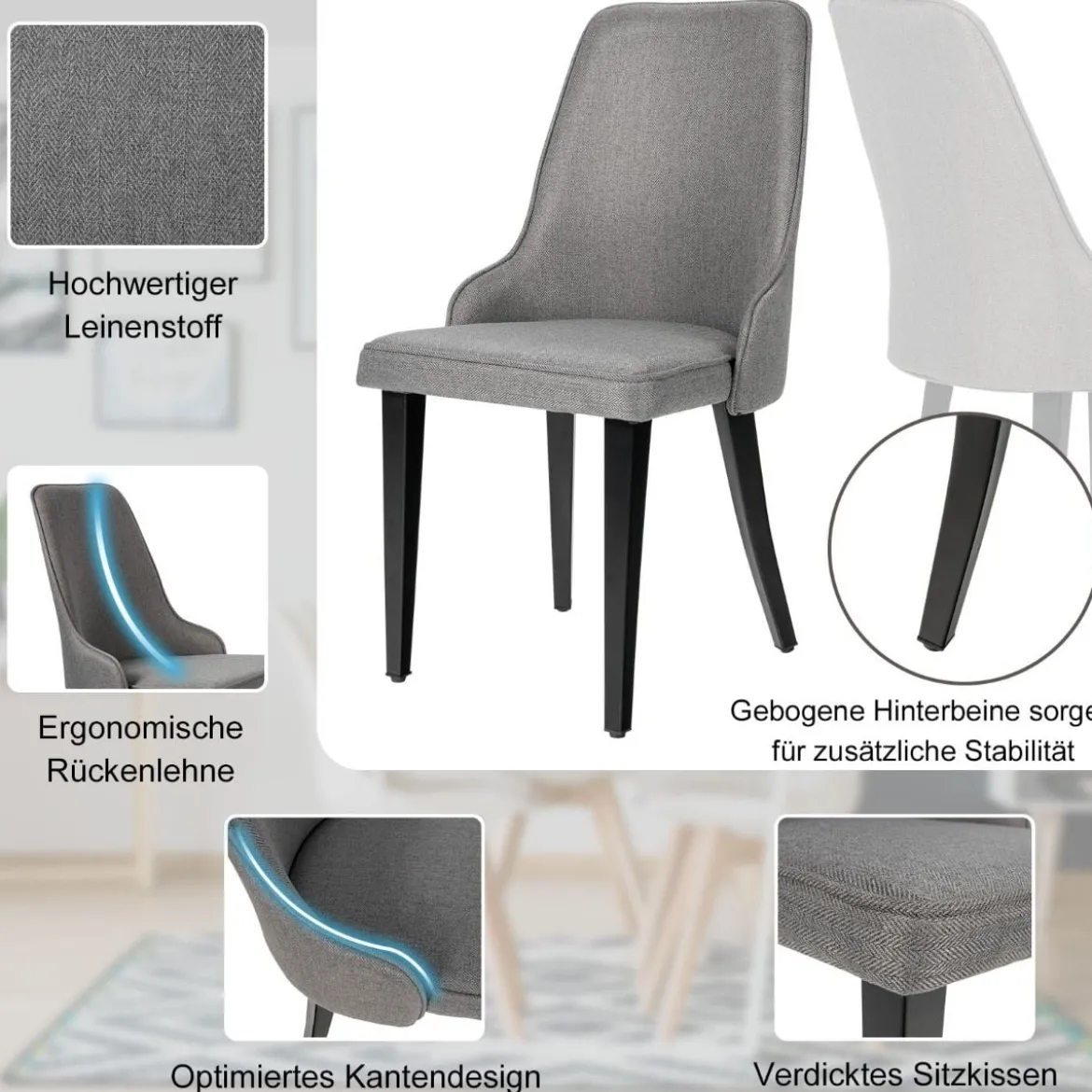 2er Set Esszimmerstühle gepolsterte Esszimmerstühle Küchenstuhl 47,5 x 59 x 90,5 cm Grau