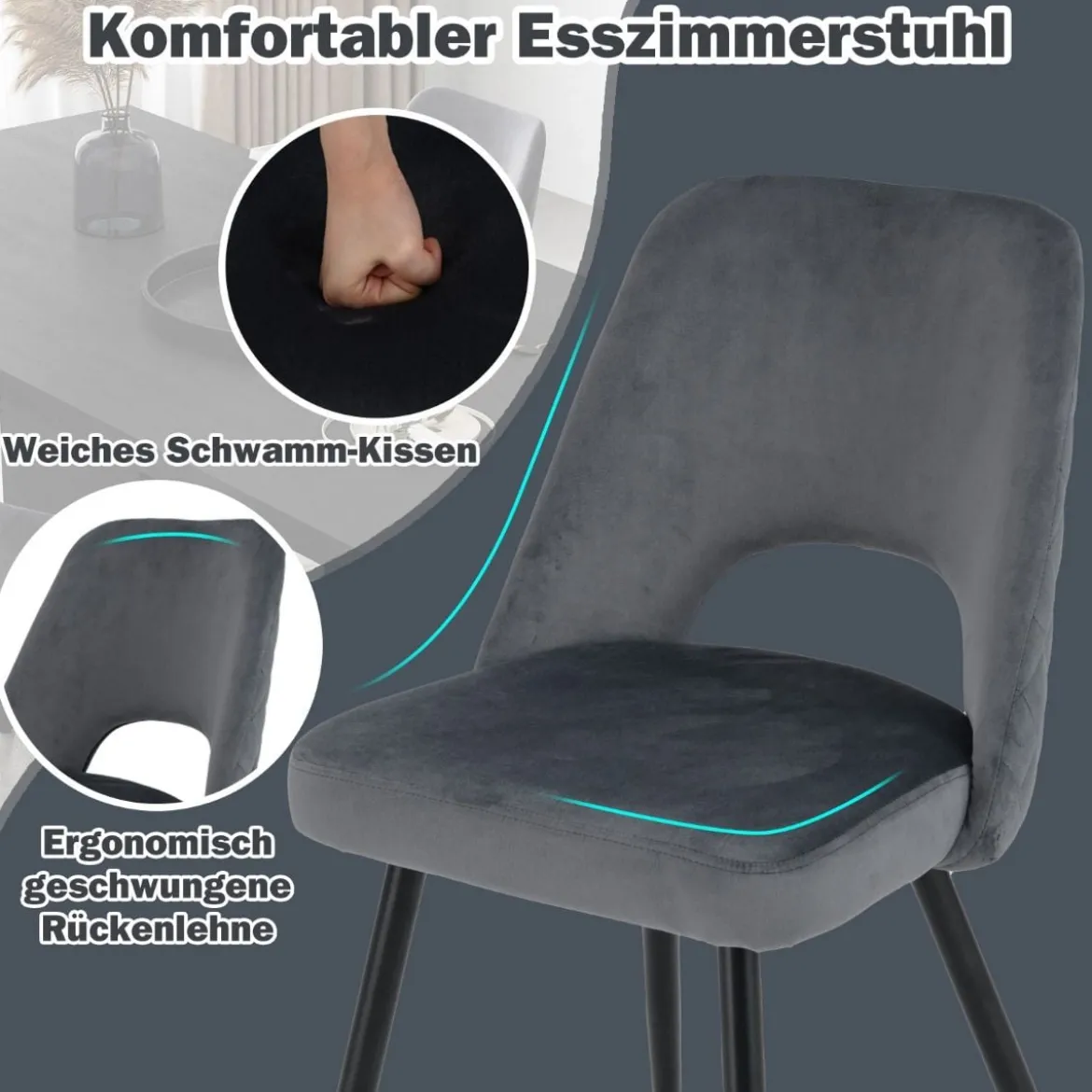 2er Set Esszimmerstühle gepolsterter Polsterstühle bis 150 kg Essstühle mit Rückenlehne Grau