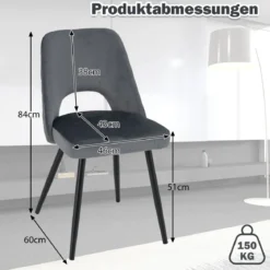 2er Set Esszimmerstühle gepolsterter Polsterstühle bis 150 kg Essstühle mit Rückenlehne Grau