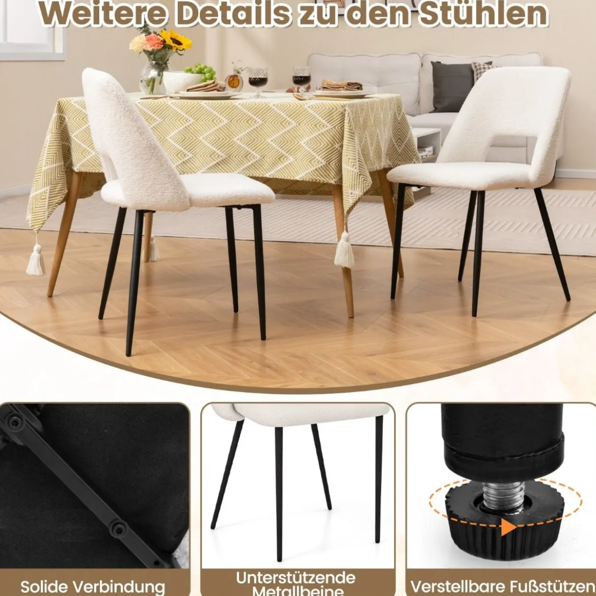2er Set Esszimmerstühle gepolsterte Küchenstühle mit Rückenlehne 48,5 x 57 x 85 cm Beige