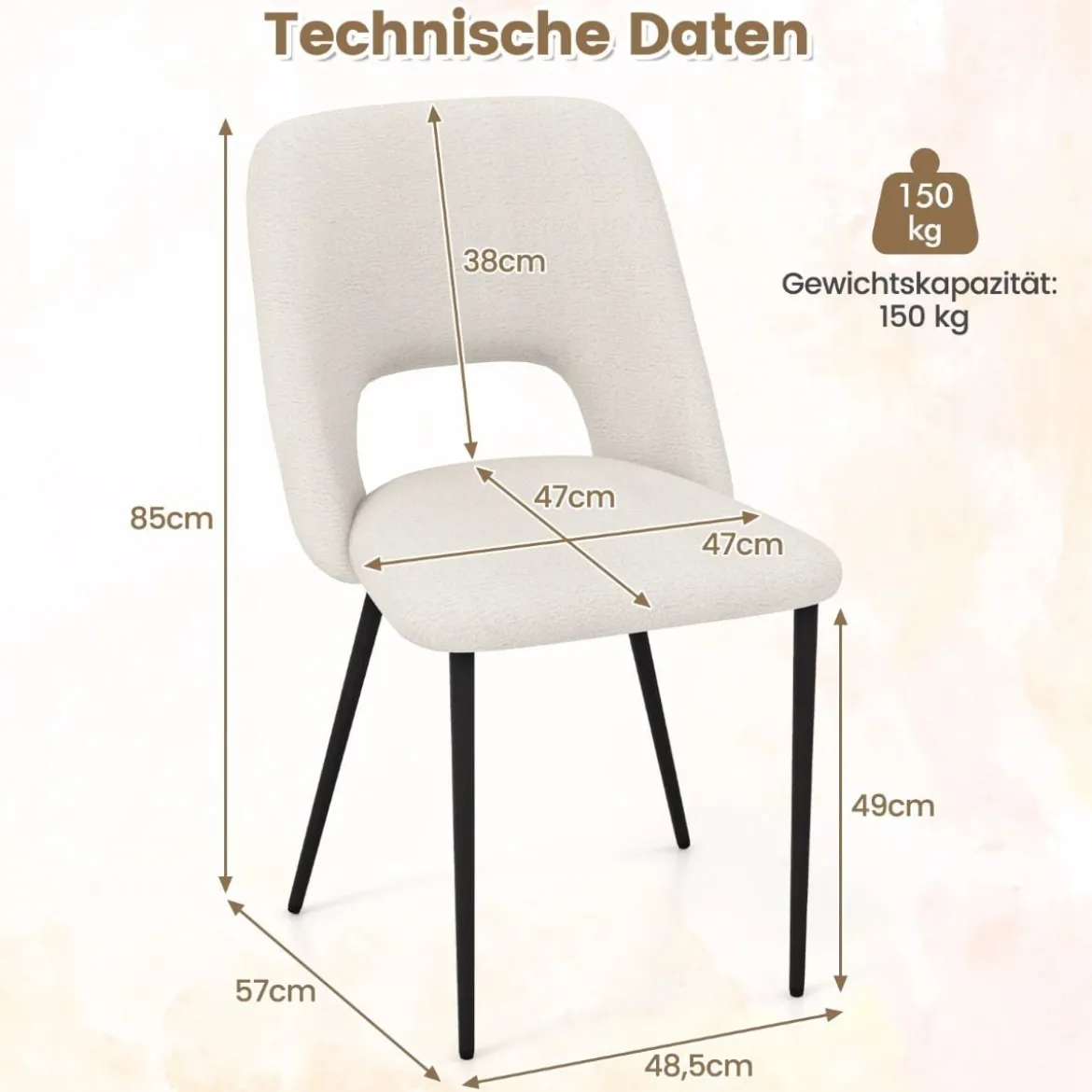 2er Set Esszimmerstühle gepolsterte Küchenstühle mit Rückenlehne 48,5 x 57 x 85 cm Beige