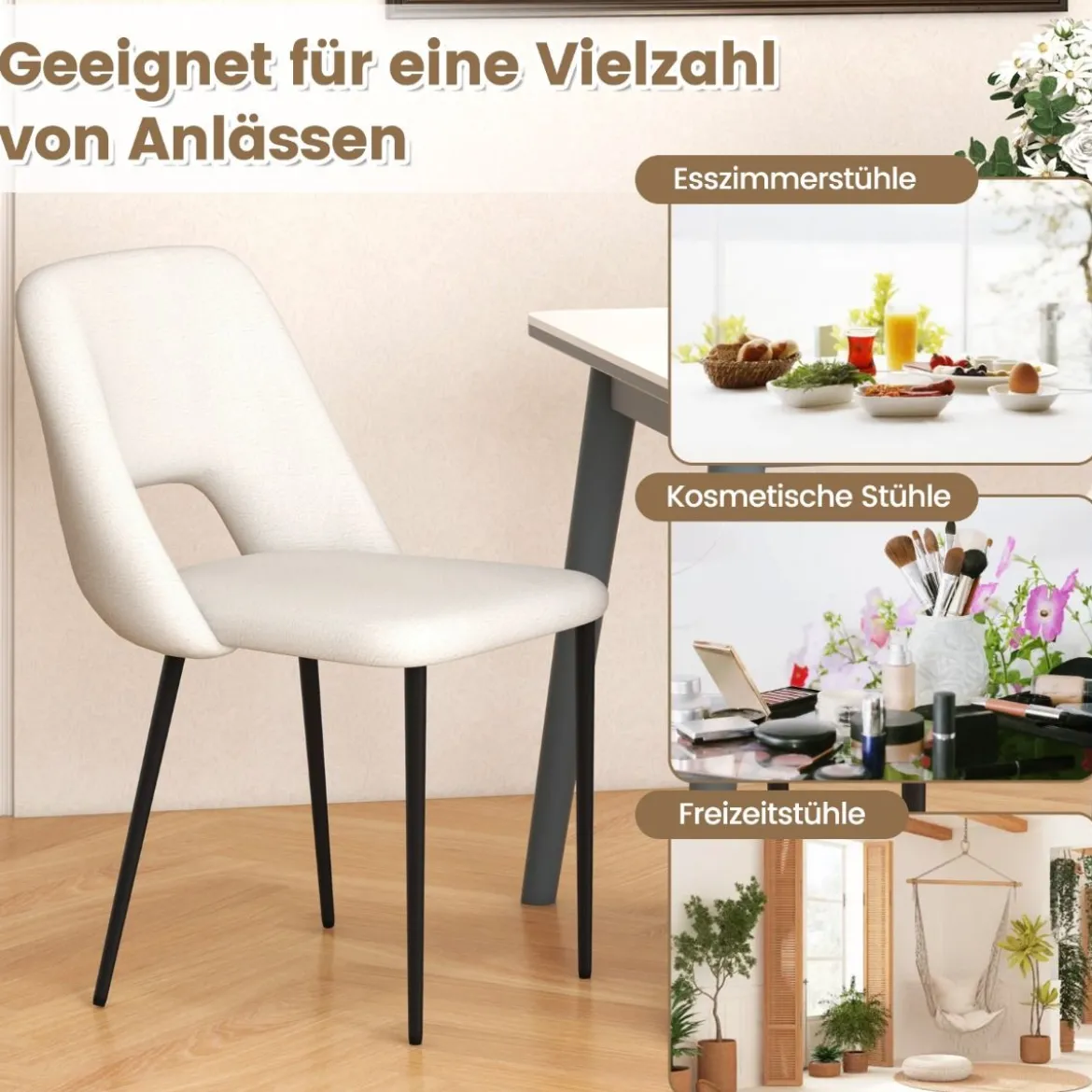 2er Set Esszimmerstühle gepolsterte Küchenstühle mit Rückenlehne 48,5 x 57 x 85 cm Beige