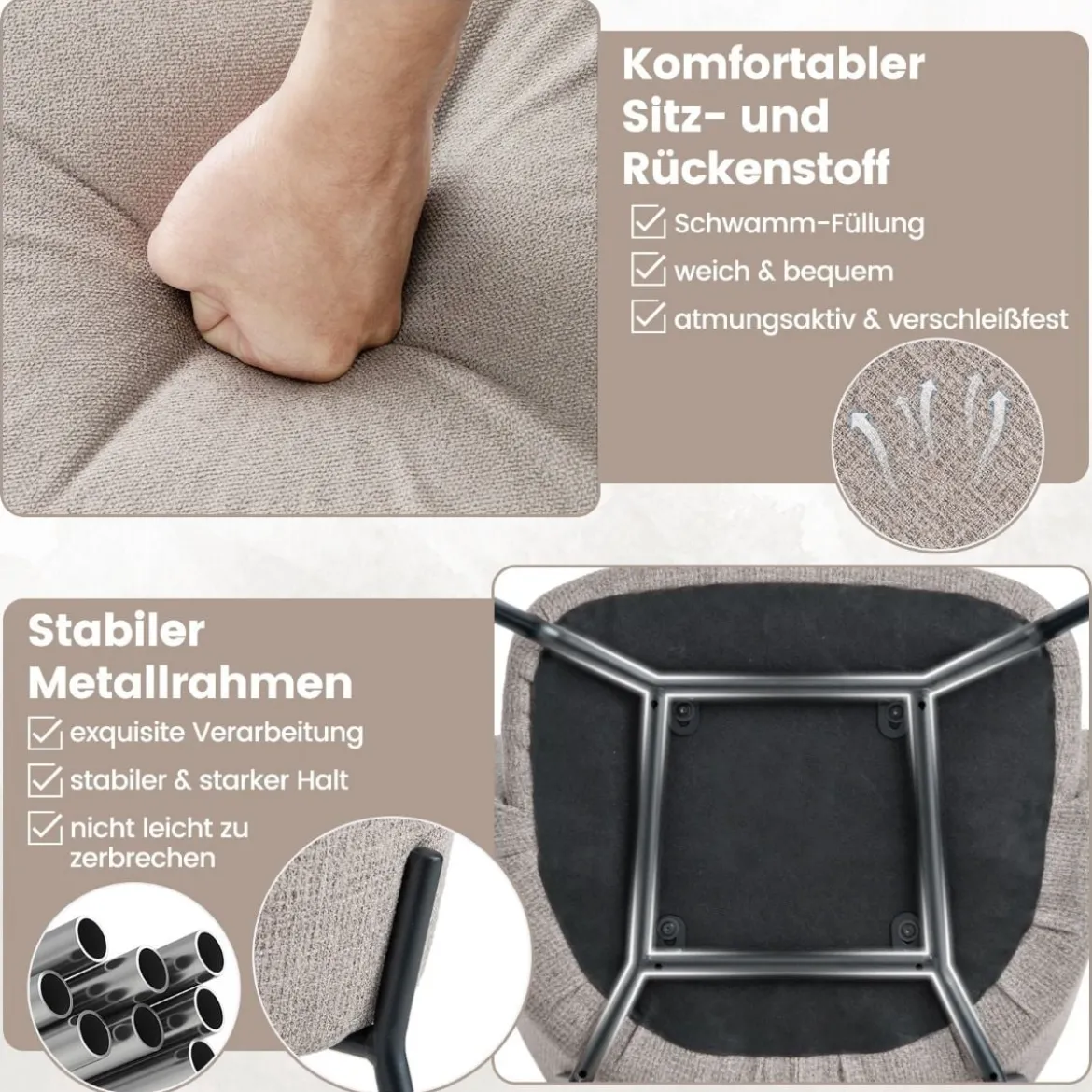 2er Set Esszimmerstühle gepolsterte Akzentstühle mit gebogenem Rückenlehne 60 x 54 x 84 cm Beige