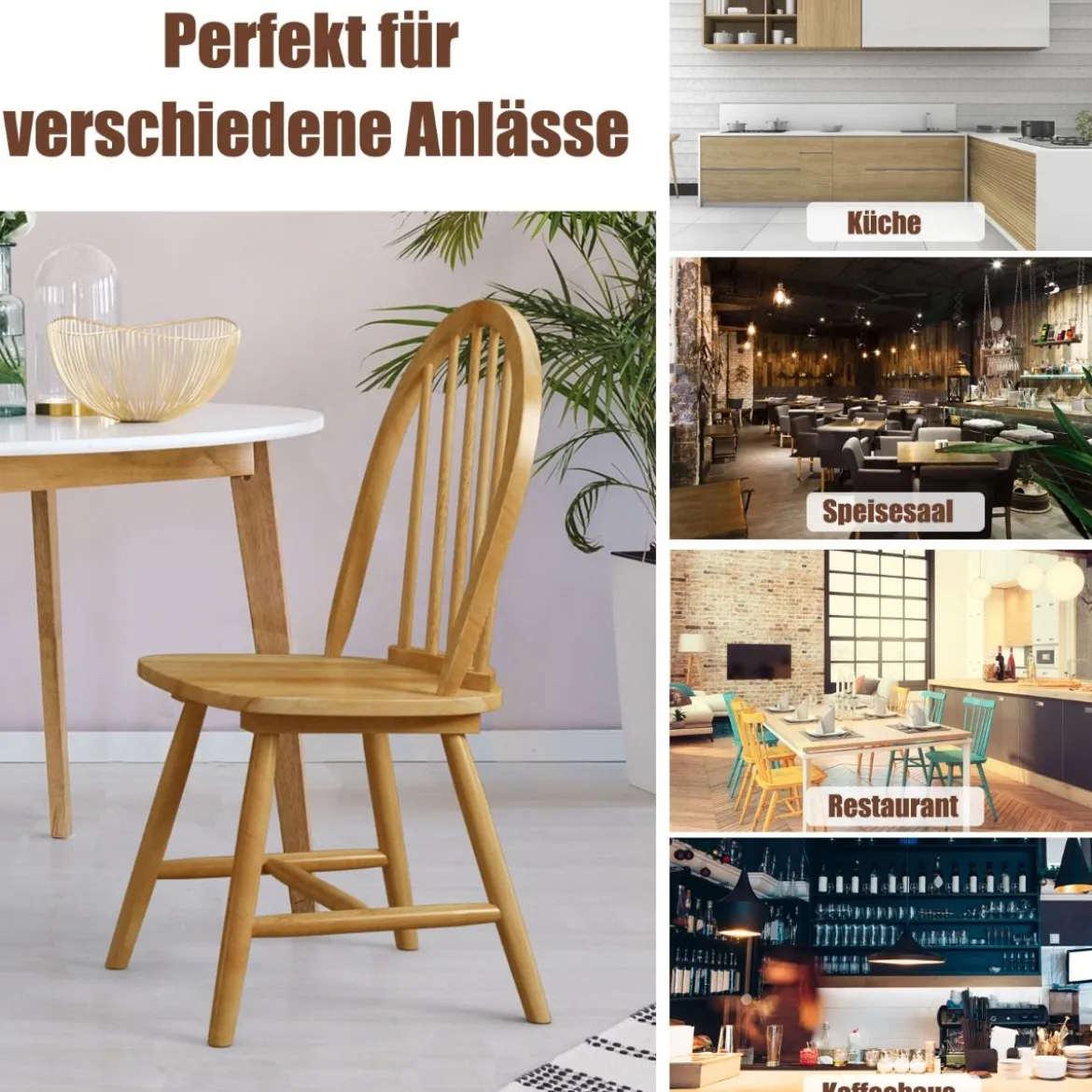 2er Set Esszimmerstühle hölzerne Esszimmerstühle Küchenstühle mit Rückenlehne 47 x 47 x 93 cm Natur