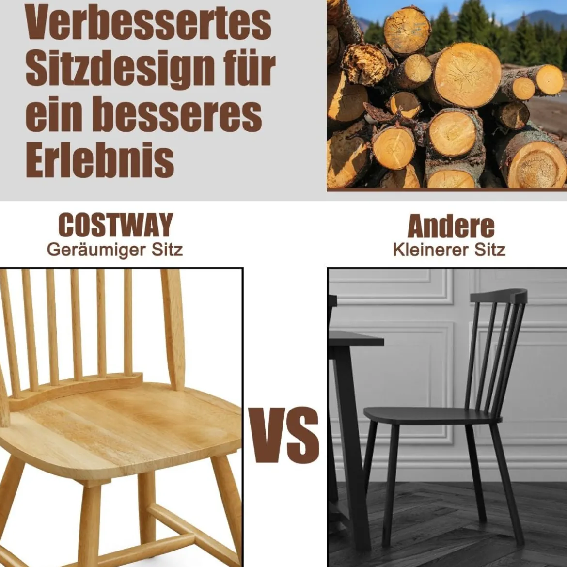 2er Set Esszimmerstühle hölzerne Esszimmerstühle Küchenstühle mit Rückenlehne 47 x 47 x 93 cm Natur