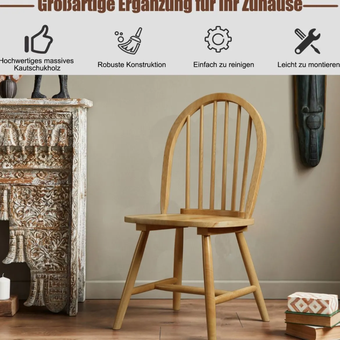 2er Set Esszimmerstühle hölzerne Esszimmerstühle Küchenstühle mit Rückenlehne 47 x 47 x 93 cm Natur