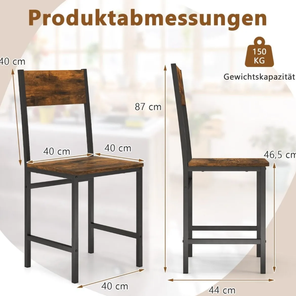 2er Set Esszimmerstühle industrielle Küchenstühle mit Metallrahmen 44 x 40 x 87 cm Rustikales Braun