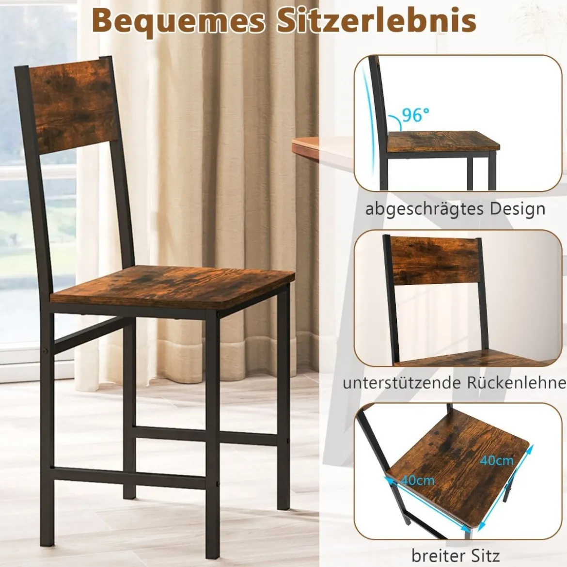 2er Set Esszimmerstühle industrielle Küchenstühle mit Metallrahmen 44 x 40 x 87 cm Rustikales Braun