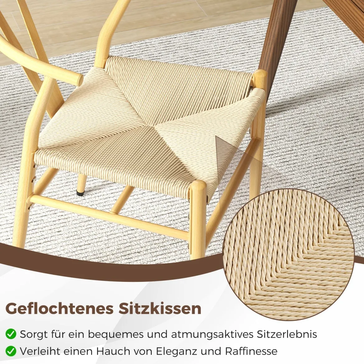 2er Set Esszimmerstühle Küchenstühle mit Y-förmiger Rückenlehne & geflochtenes Rattan-Sitzkissen Akzentstühle stapelbar Natur