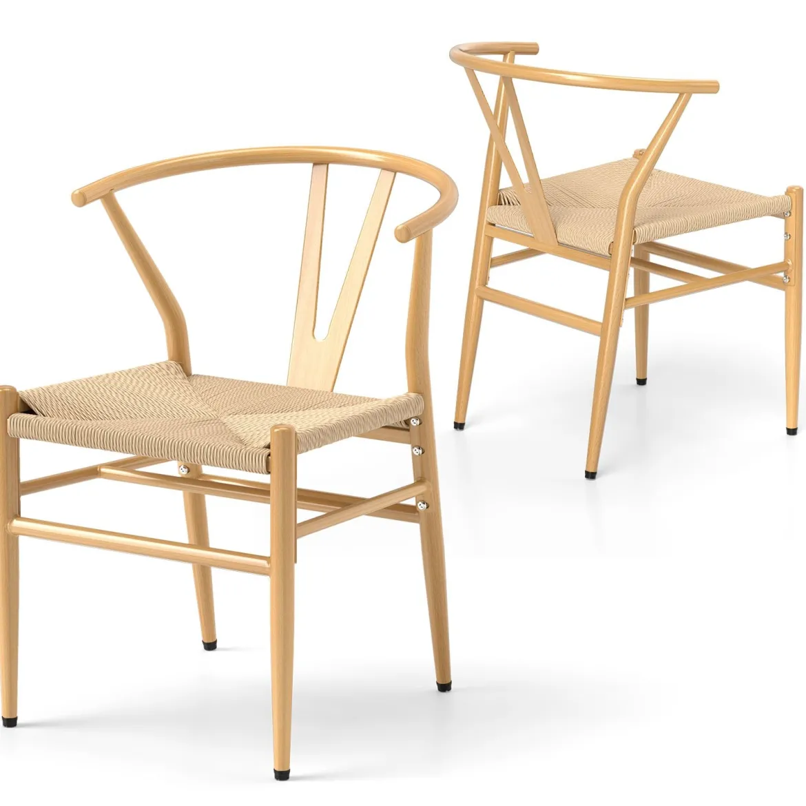 2er Set Esszimmerstühle Küchenstühle mit Y-förmiger Rückenlehne & geflochtenes Rattan-Sitzkissen Akzentstühle stapelbar Natur