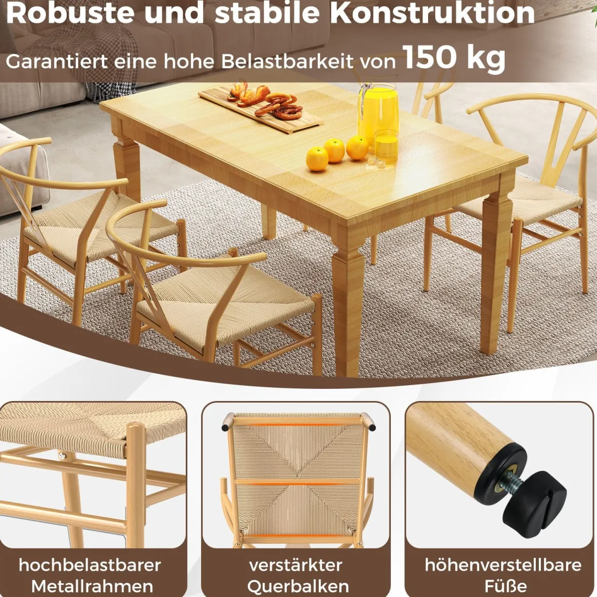2er Set Esszimmerstühle Küchenstühle mit Y-förmiger Rückenlehne & geflochtenes Rattan-Sitzkissen Akzentstühle stapelbar Natur