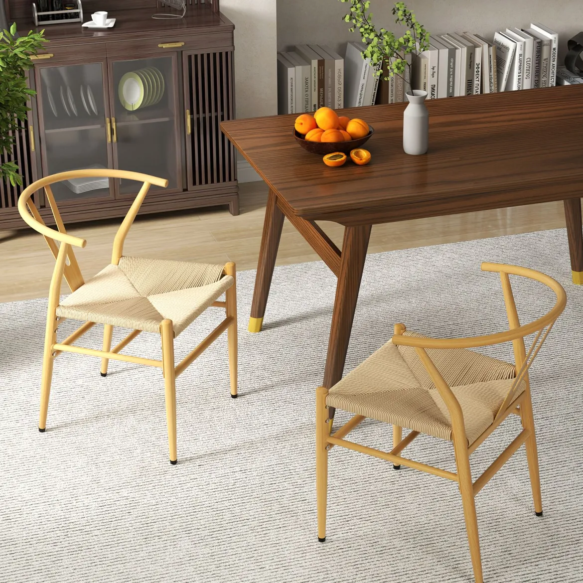 2er Set Esszimmerstühle Küchenstühle mit Y-förmiger Rückenlehne & geflochtenes Rattan-Sitzkissen Akzentstühle stapelbar Natur