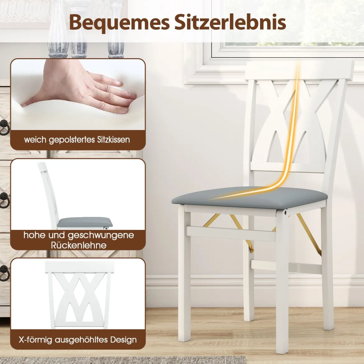 2er Set Esszimmerstühle Klappbarer Küchenstuhl mit Gepolsterter Sitz Klappstuhl Beistellstuh Weiß