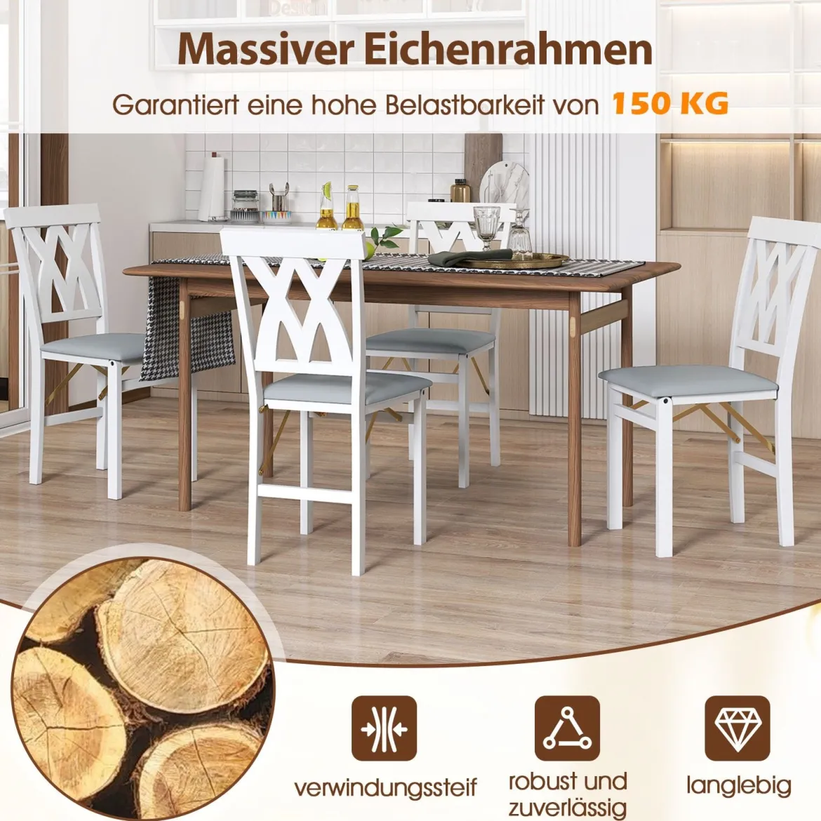 2er Set Esszimmerstühle Klappbarer Küchenstuhl mit Gepolsterter Sitz Klappstuhl Beistellstuh Weiß