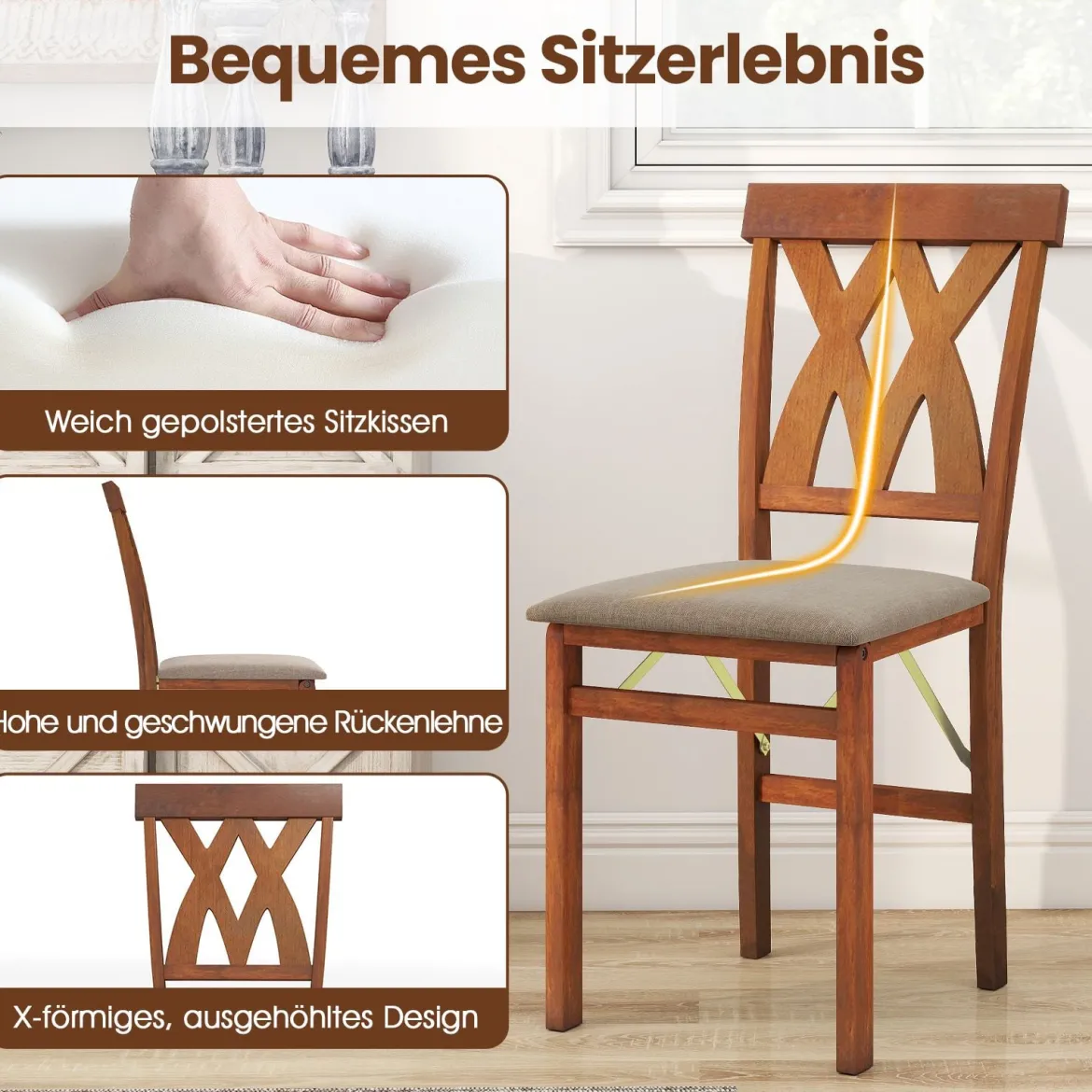 2er Set Esszimmerstühle Klappbarer Küchenstuhl mit Gepolsterter Sitz Klappstuhl Beistellstuh Braun