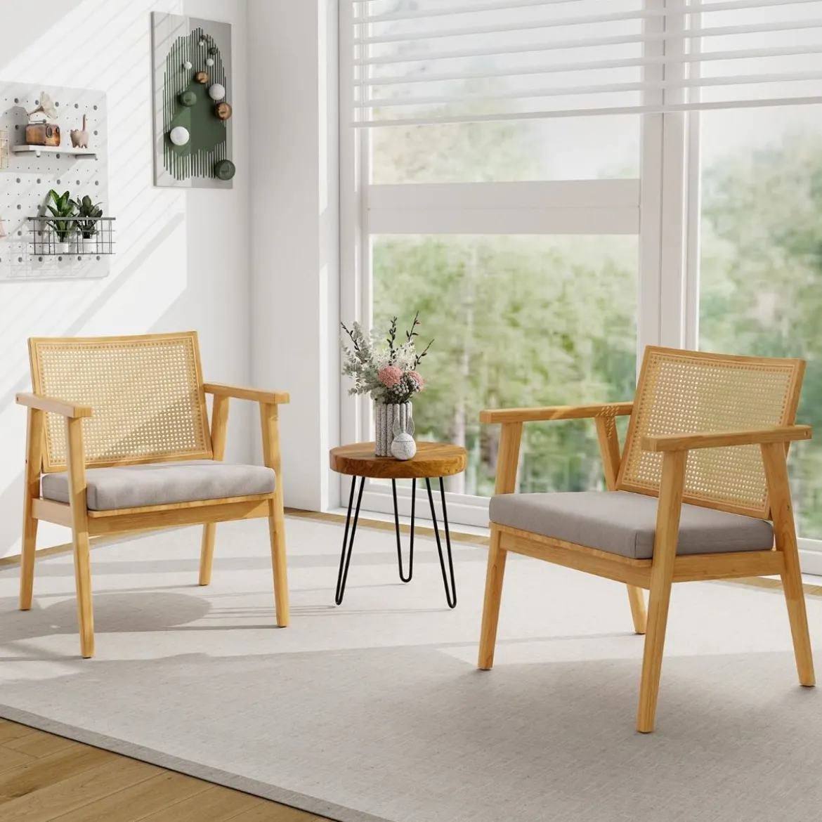 2er Set Esszimmerstühle mit Atmungsaktivem Rattan-Rücken & Abnehmbarem Sitzkissen