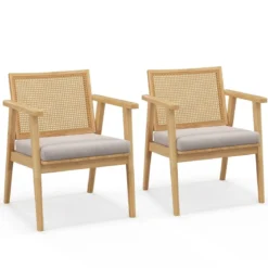 2er Set Esszimmerstühle mit Atmungsaktivem Rattan-Rücken & Abnehmbarem Sitzkissen