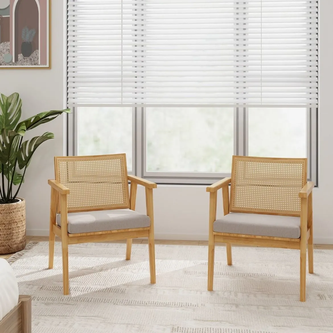 2er Set Esszimmerstühle mit Atmungsaktivem Rattan-Rücken & Abnehmbarem Sitzkissen