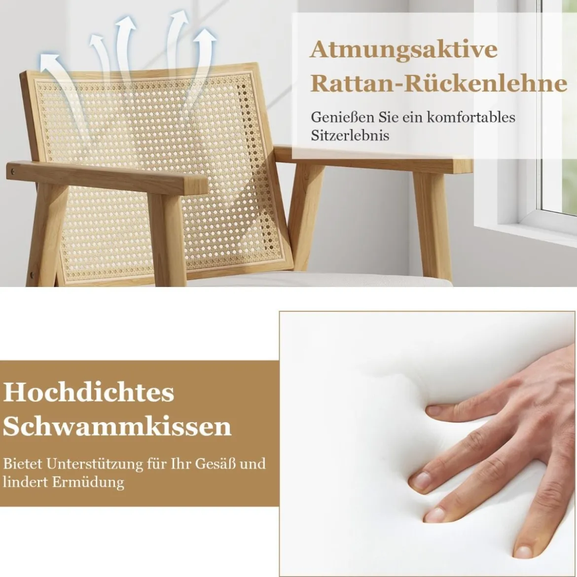 2er Set Esszimmerstühle mit Atmungsaktivem Rattan-Rücken & Abnehmbarem Sitzkissen