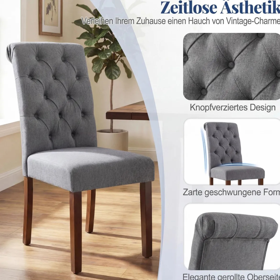 2er Set Esszimmerstühle mit Gepolsterter Sitzfläche & Rückenlehne Polsterstühle Essstühle Grau
